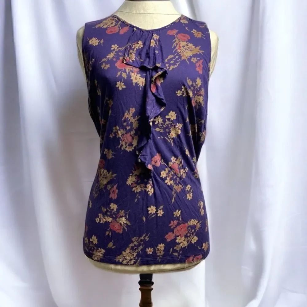 NWT New Chaps Viscose Top Tee Blouse Floral Purple Ruffle Front Sleeveless S